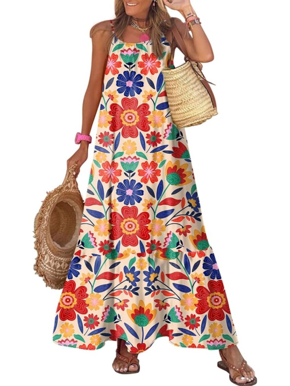 〽️Women's Apricot Floral Maxi Dress Scoop Neck Ruffle Hem Boho Summer Sundress